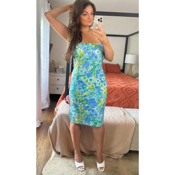 Y2k 90’s Zinc Size 13 Cotton Blue Green Floral Strapless Midi Pencil Dress - Picture 2 of 6